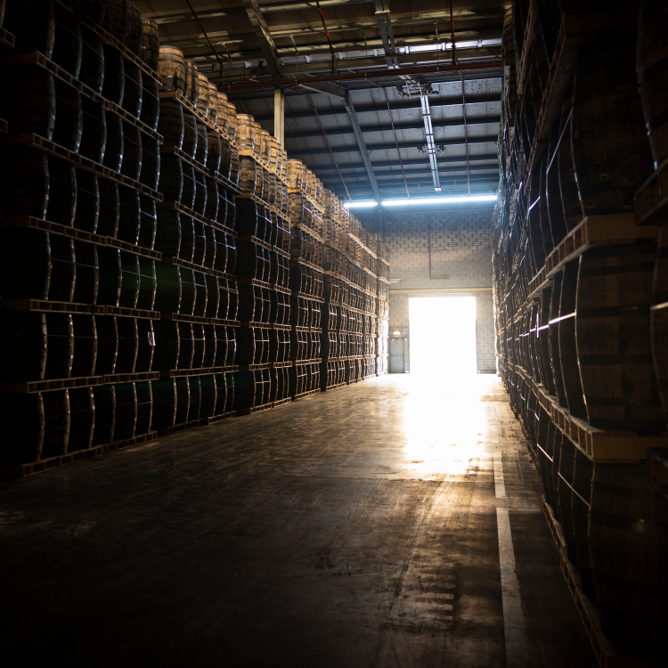 Whiskey aging in barrels