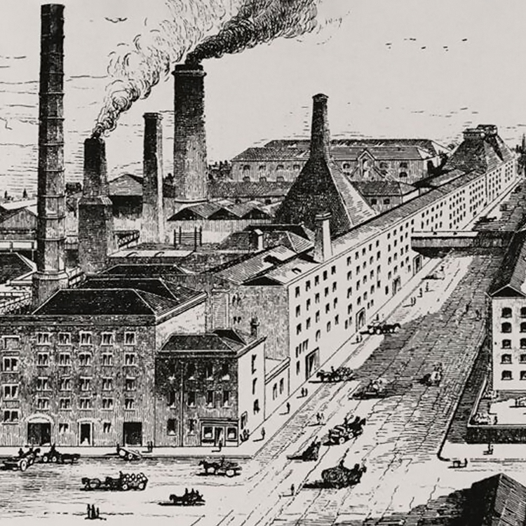 Black and white historical drawing of Bow Street Distillery in 1780s