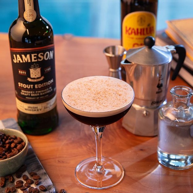 espresso martini made with jameson irish whiskey and garnished with chocolate