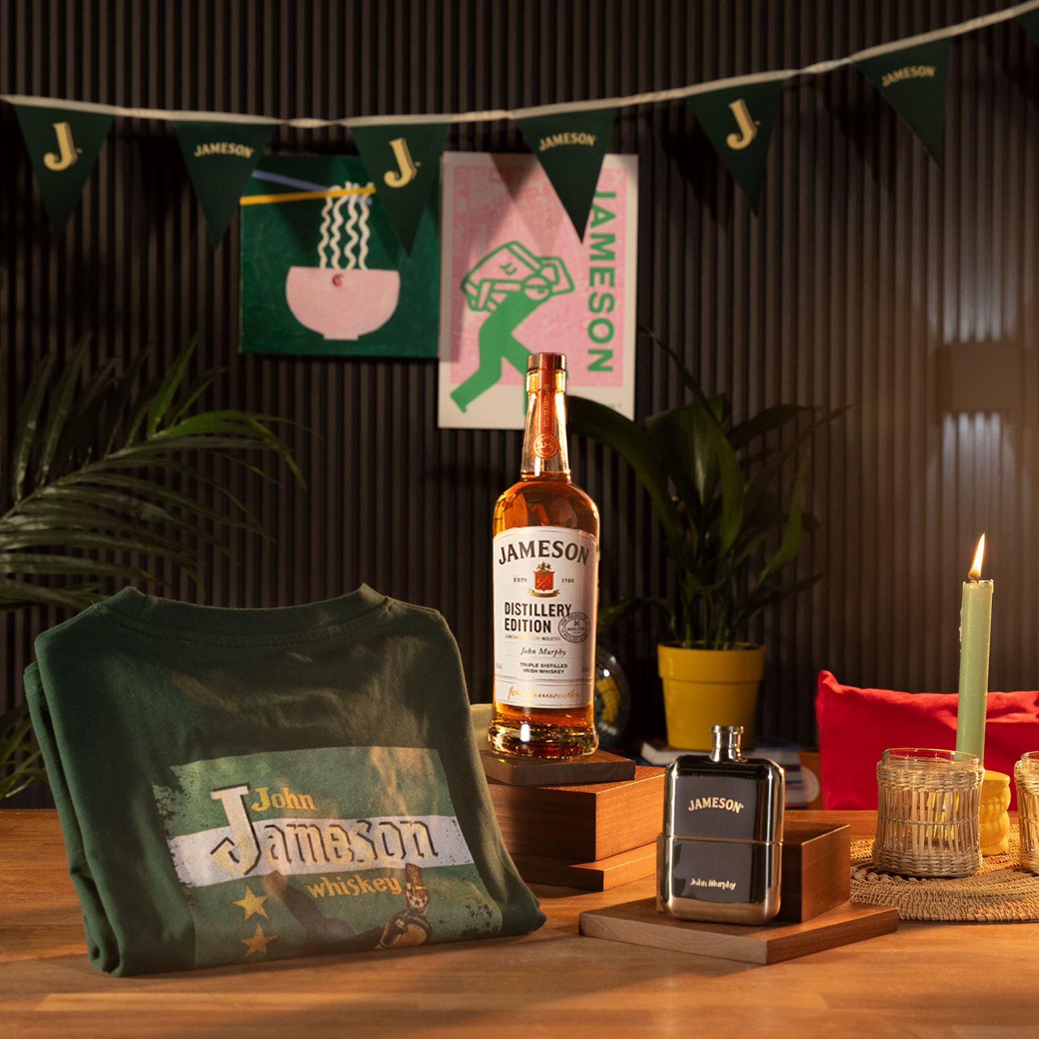 Midleton Distillery Edition bottle of Jameson sitting on a table with other Jameson merchandise